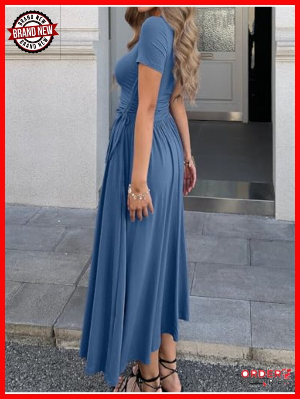Women's Short Sleeve Maxi Dress Bodycon Adjustable Waist Flowy Hem Pockets - Picture 4 of 5